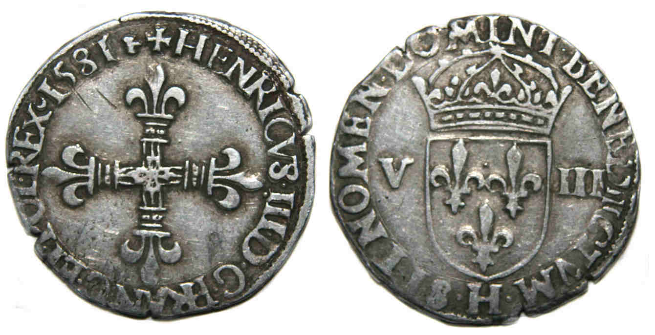 Monnaies royales francaises-HENRI III-huitieme-1581-LA ROCHELLE