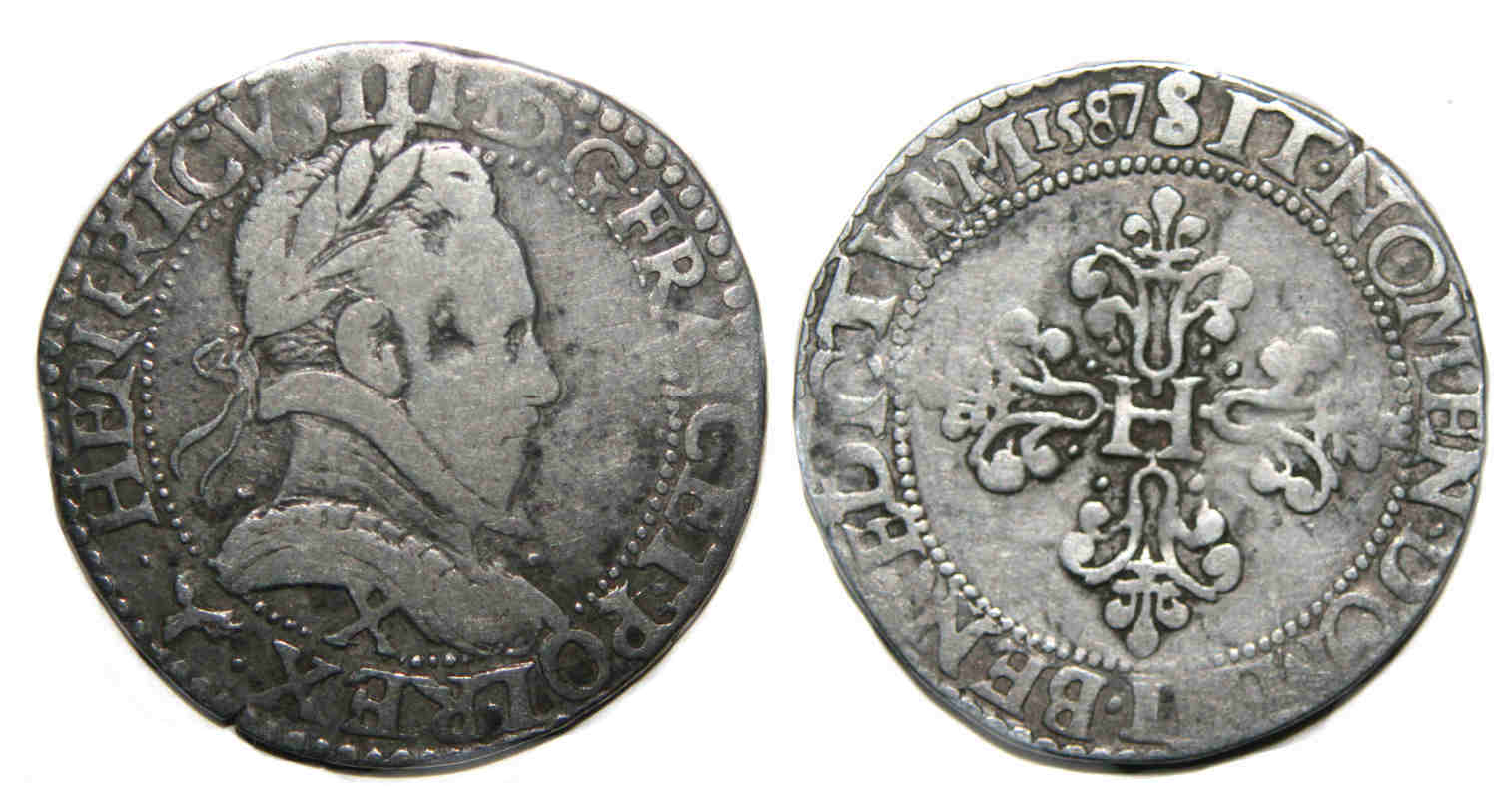 Monnaies royales francaises-HENRI III-demi franc-1587-AMIENS