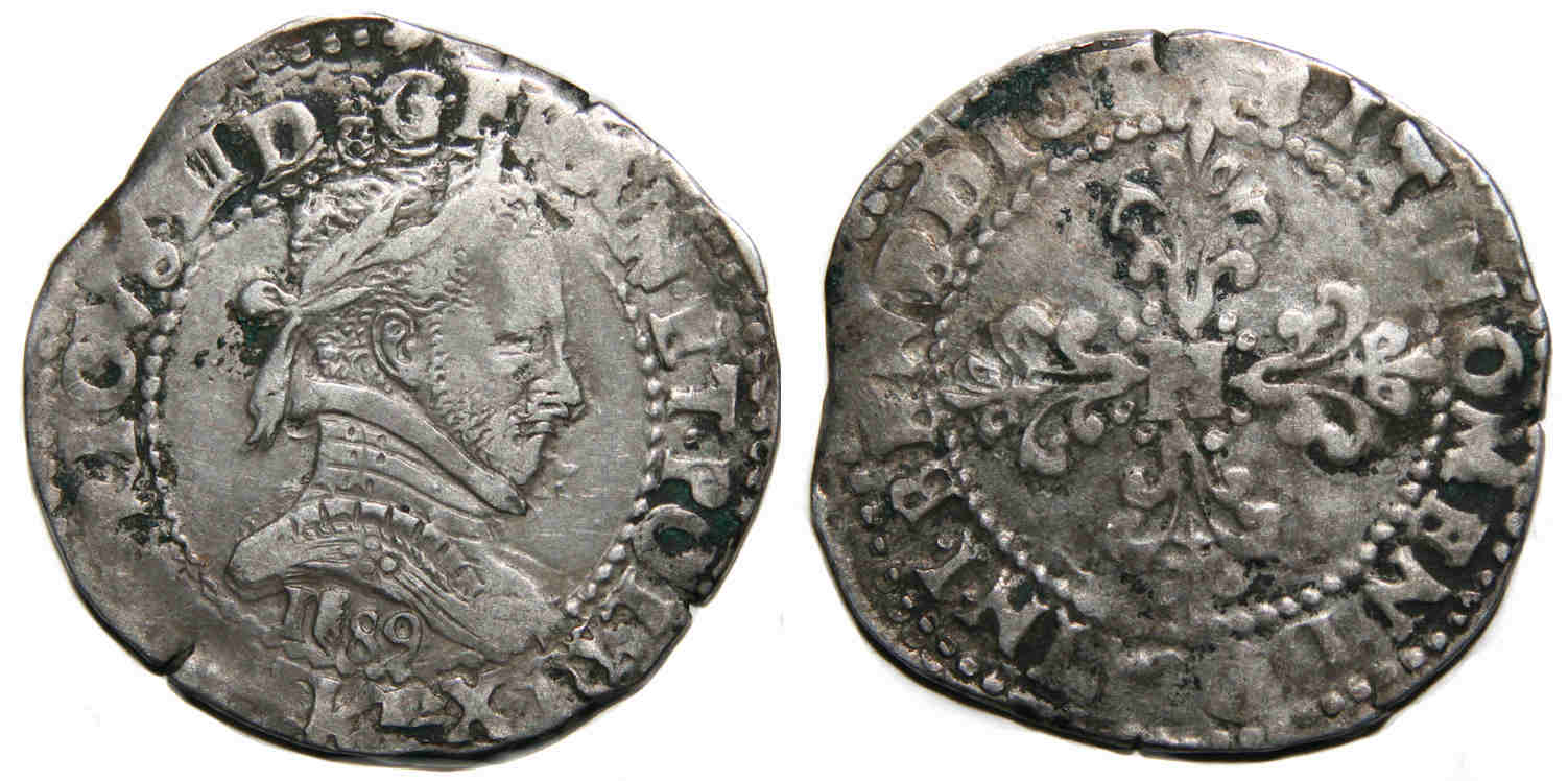 Monnaies royales francaises-HENRI III-demi franc-1589-BORDEAUX